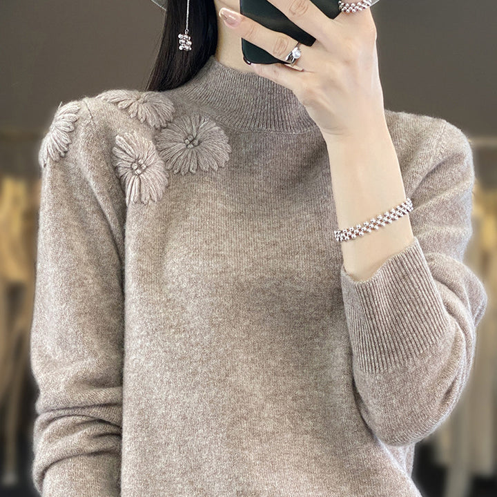 Women Soft Fine Knit Sweater with Short Stand-Up Collar, 3D Flower Application and Ribbed Cuffs Mune Fashion
