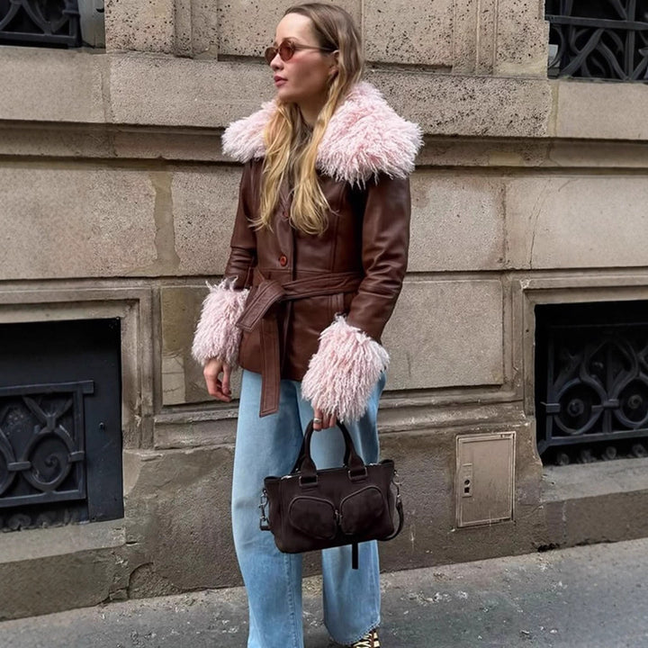 Women tailored leather imitation jacket with tie belt, opulent removable faux fur shawl collar and fur cuffs Mune Fashion