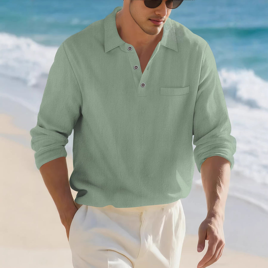 Men's lightweight linen Henley shirt with chest piping and relaxed casual fit Mune Fashion