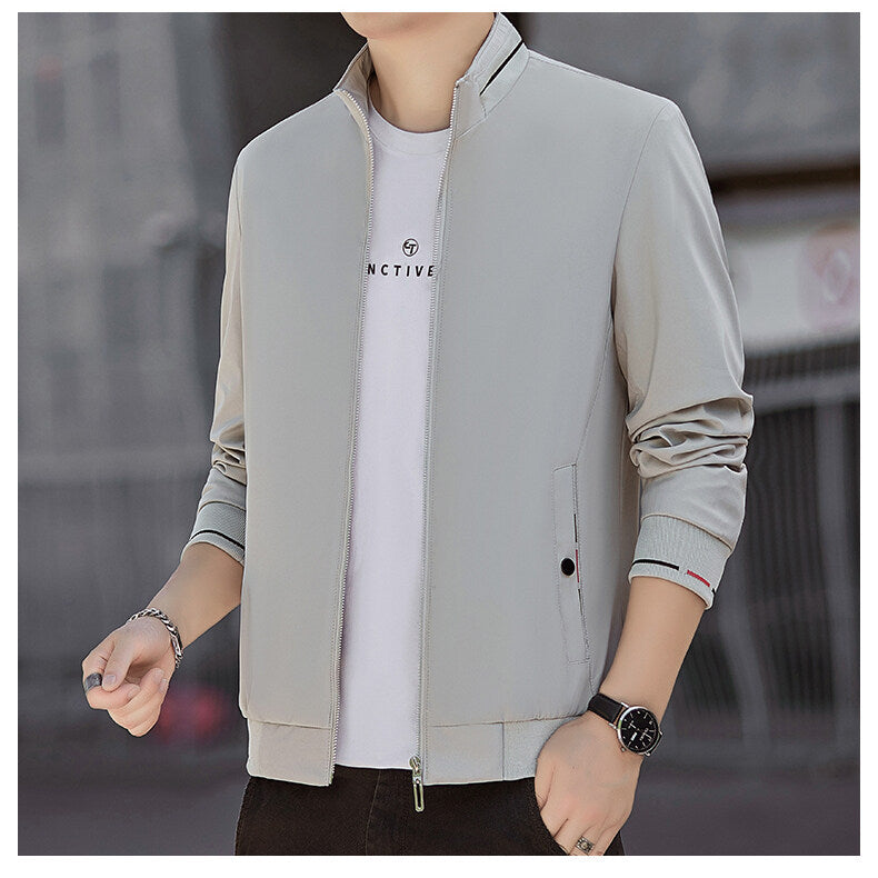 Men's Minimalistic Softshell Bomber Jacket with Stand Collar and Contrast Stripe Cuffs Mune Fashion