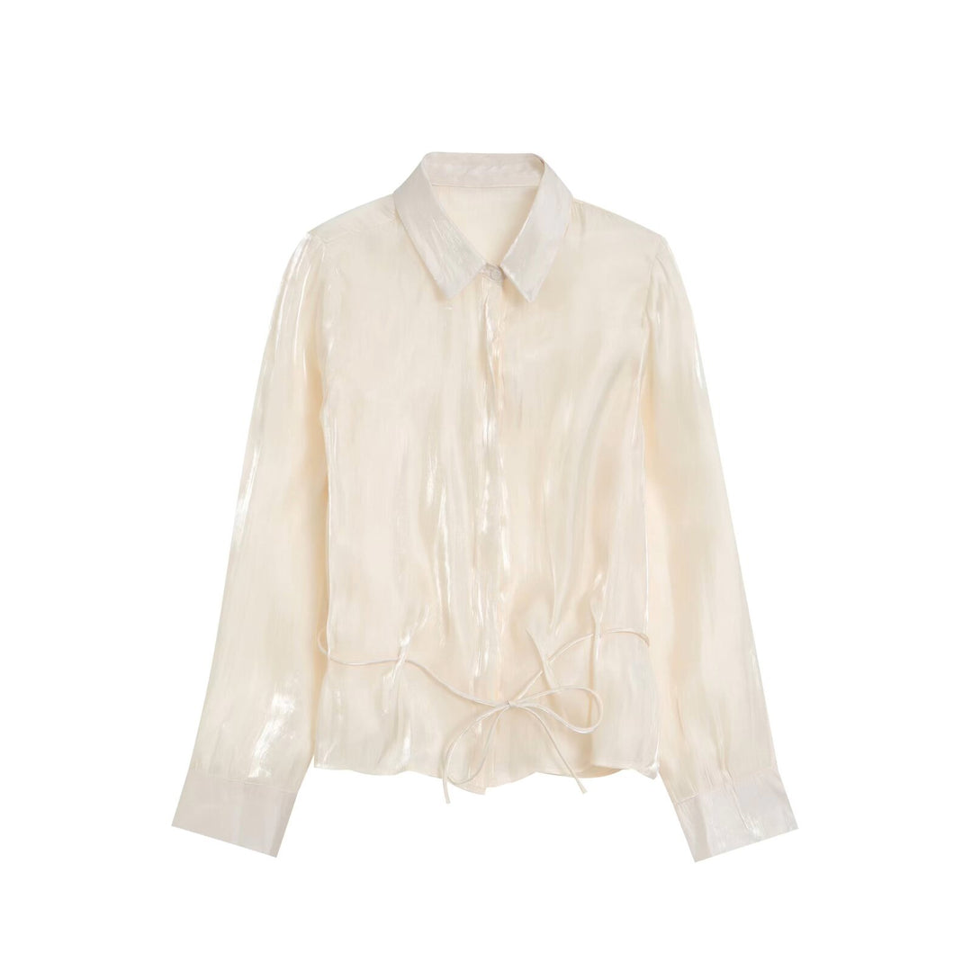 Women's Shiny Blouse with Drawstring Hem and Shirt Collar Mune Fashion