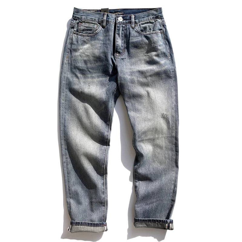 Men's Relaxed-Tapered Vintage Jeans with Used Effect and Cuffed Hem Mune Fashion