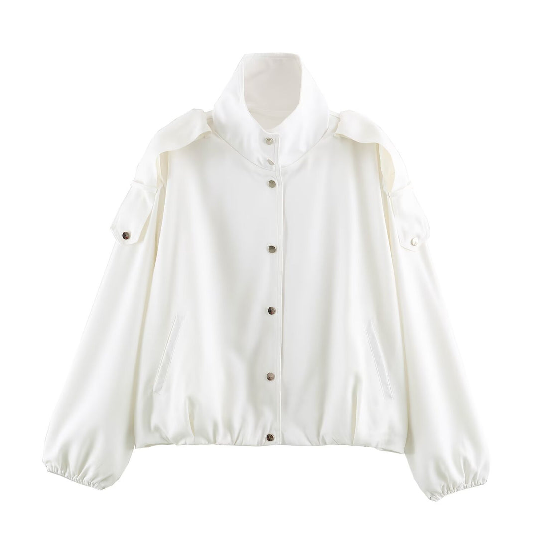 Women's short jacket in oversized bomber style with high stand-up collar and shoulder patches Mune Fashion