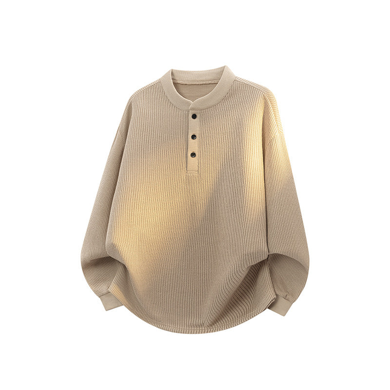 Unisex Loose Fit Waffle Knit Henley Sweater with Stand-Up Collar Mune Fashion