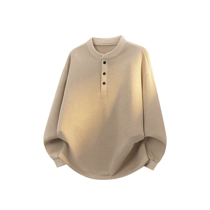 Unisex Loose Fit Waffle Knit Henley Sweater with Stand-Up Collar Mune Fashion