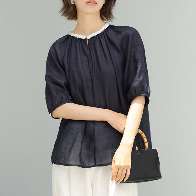 Women's Casual Linen Blouse with Decorative Collar Mune Fashion