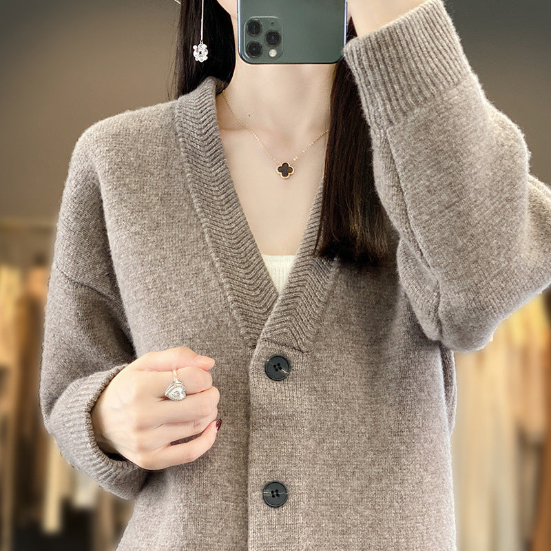 Ladies Soft Boxy Long Cardigan with Deep V-Neck and Fine Ribbed Edge
