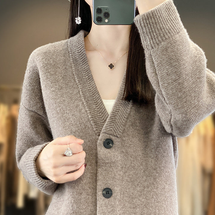 Ladies Soft Boxy Long Cardigan with Deep V-Neck and Fine Ribbed Edge