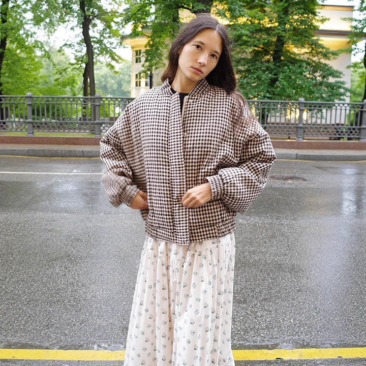 Women's Oversize Checked Bomber Jacket with Standing Collar and Concealed Snap Placket Mune Fashion