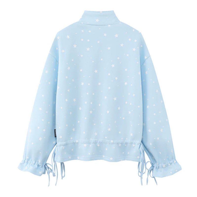 Women's lightweight stand collar sweat jacket with all-over stars, appliques and drawstring Mune Fashion