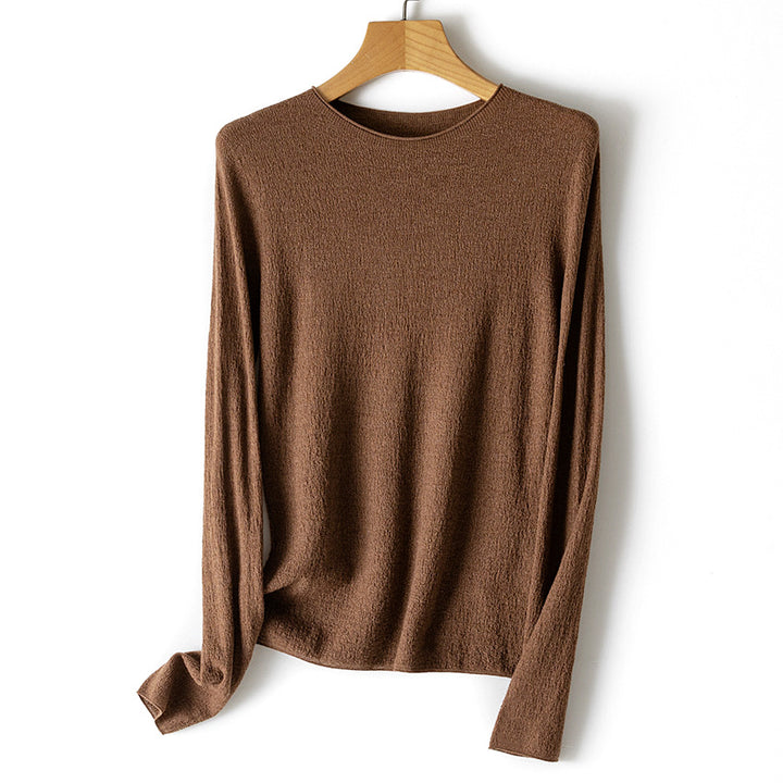 Women Lightweight Structured Long Sleeve Knit Sweater with Round Neck and Fine Crinkle Look Mune Fashion