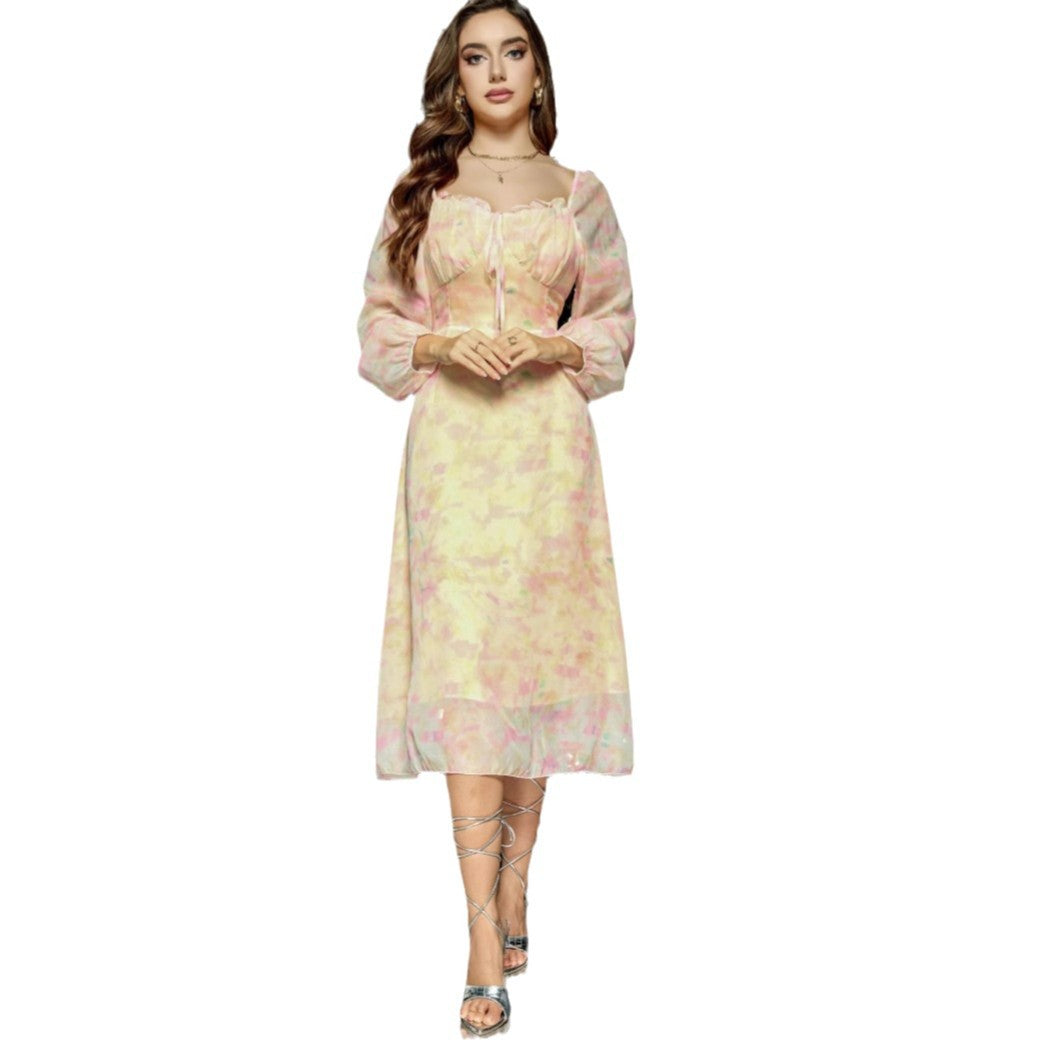 Women's midi dress with corset bustier, balloon sleeves, and A-line skirt Mune Fashion
