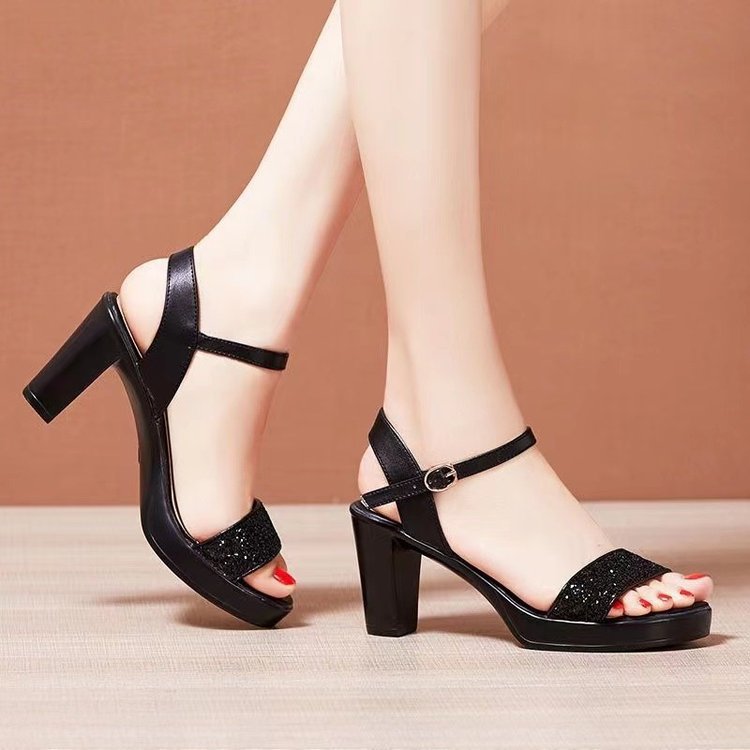 Women's Glitter T-Strap Sandals with Platform Effect and Stable Block Heel Mune Fashion