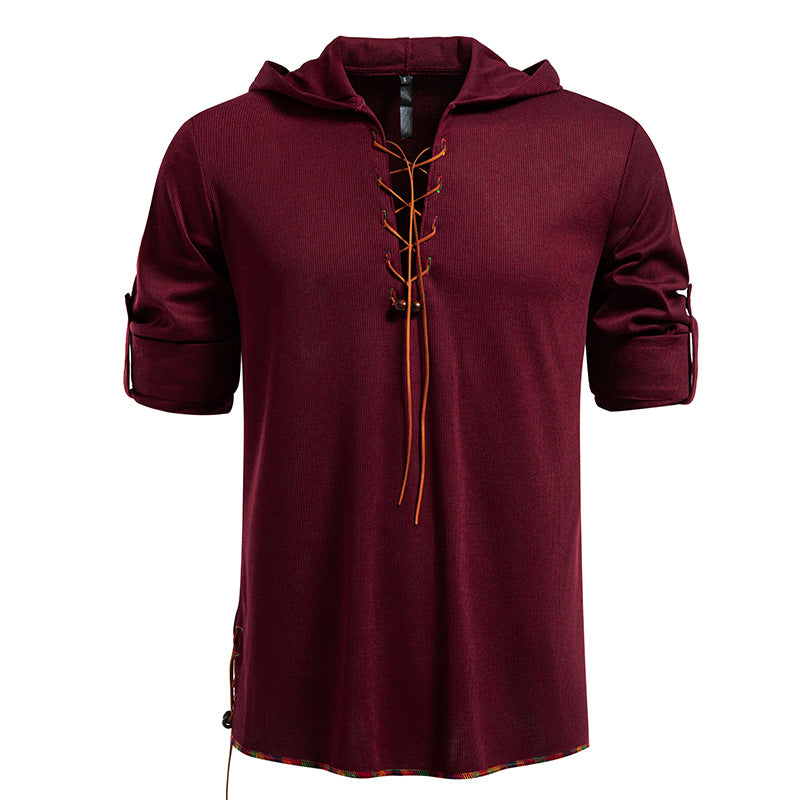 Men's Lightweight Hooded Long Sleeve Shirt with Lace Front and Roll-up Three-Quarter Sleeves Mune Fashion