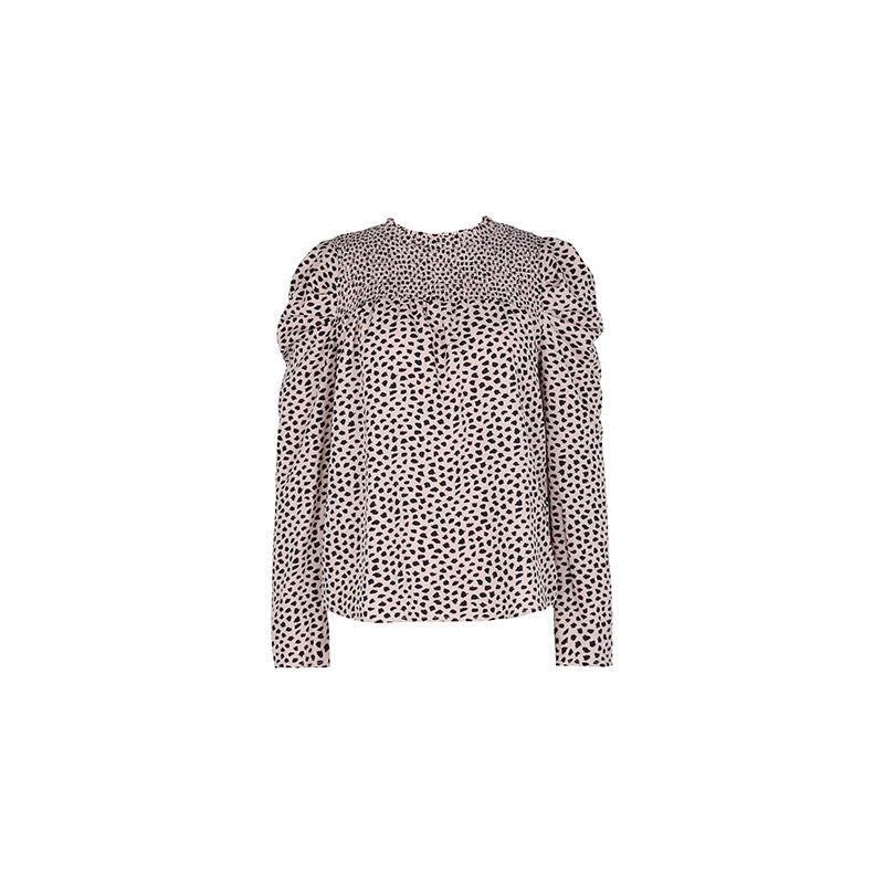 Women's Polka Dot Blouse with Smocked Yoke, Puff Sleeves, and Loose Fit