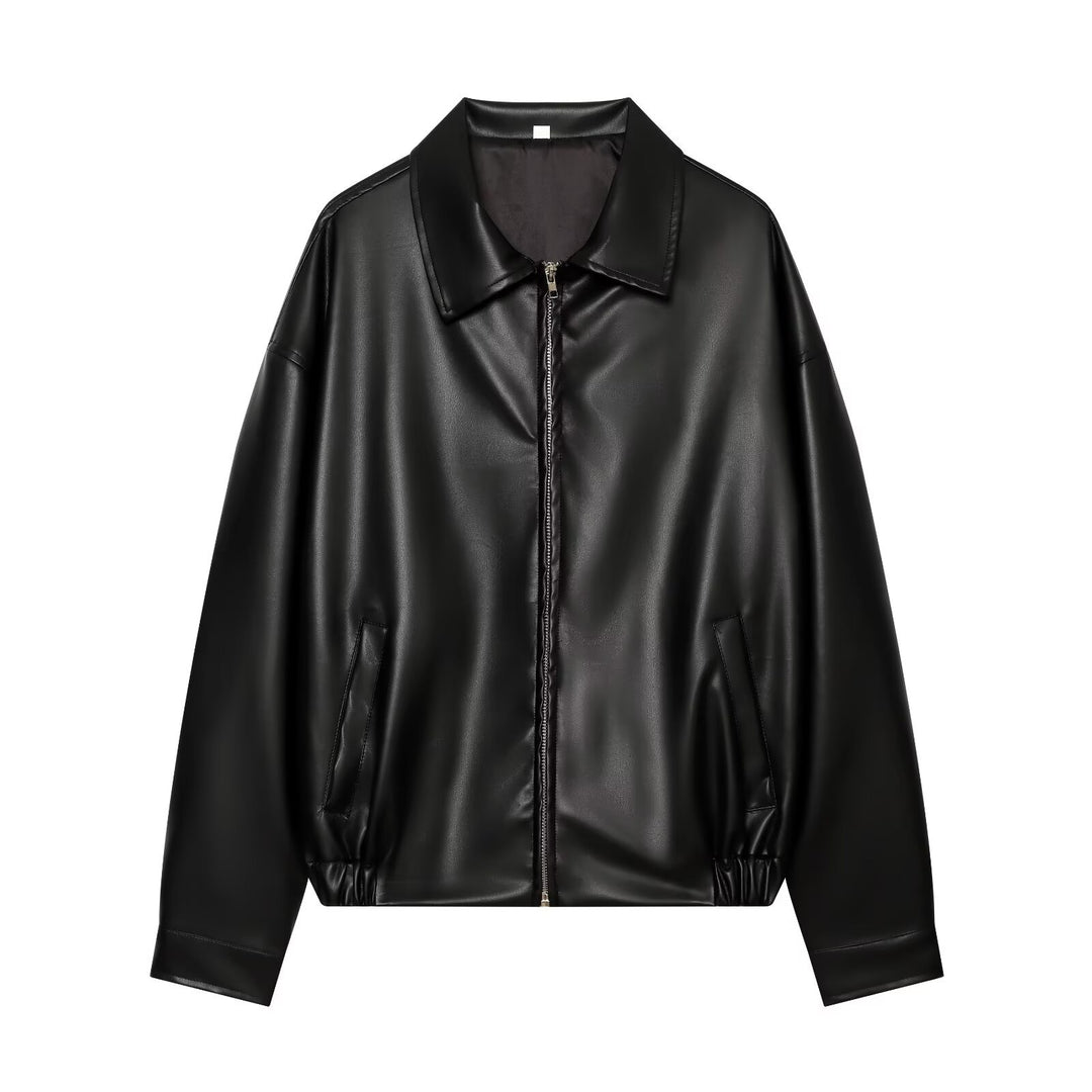 Women Oversize Faux Leather Bomber Jacket with Zipper and Elastic Hem Drune