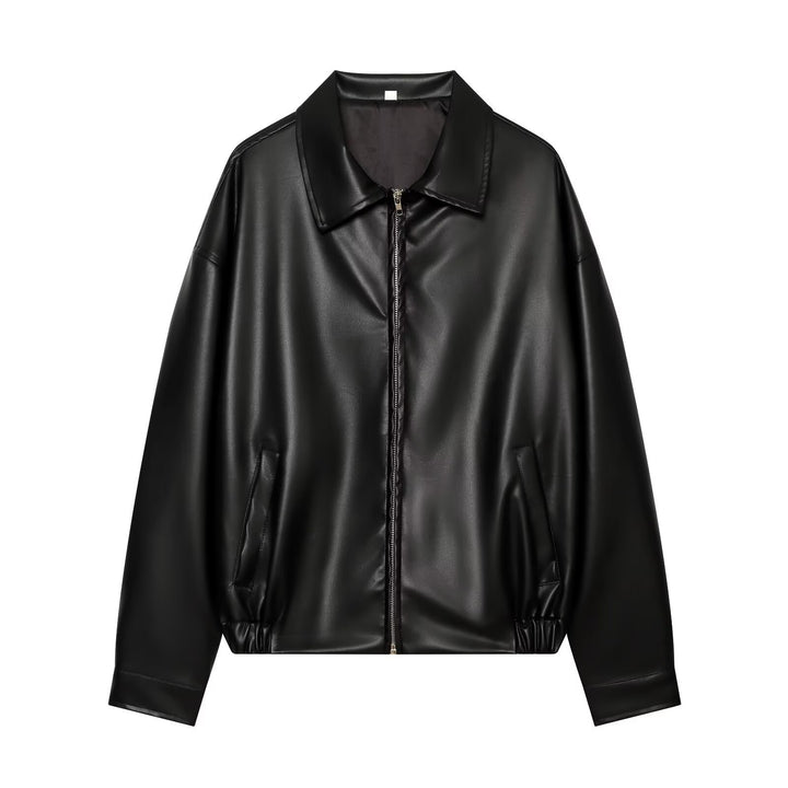 Women Oversize Faux Leather Bomber Jacket with Zipper and Elastic Hem Drune