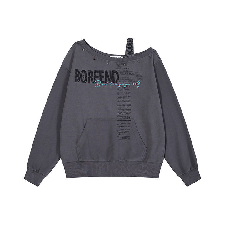 Women's Oversize Sweatshirt with Asymmetric One-Shoulder Strap, Kangaroo Pocket and Studs Mune Fashion