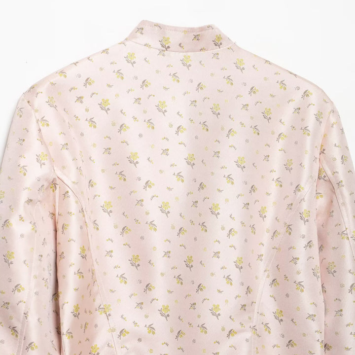 Women Cropped Satin Military Jacket with Stand-Up Collar and Decorative Frog Closure Mune Fashion