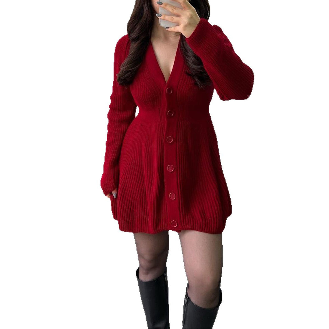 Women's fitted knitted dress with full button placket, V-neck and flared A-line skirt Mune Fashion