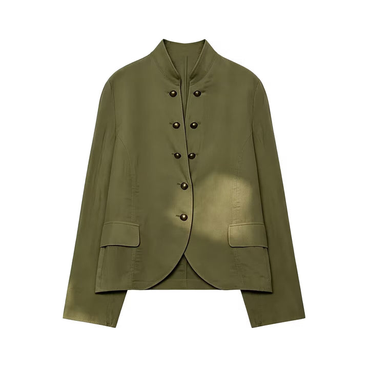 Women's short blazer in military style with stand-up collar and decorative metal buttons Mune Fashion