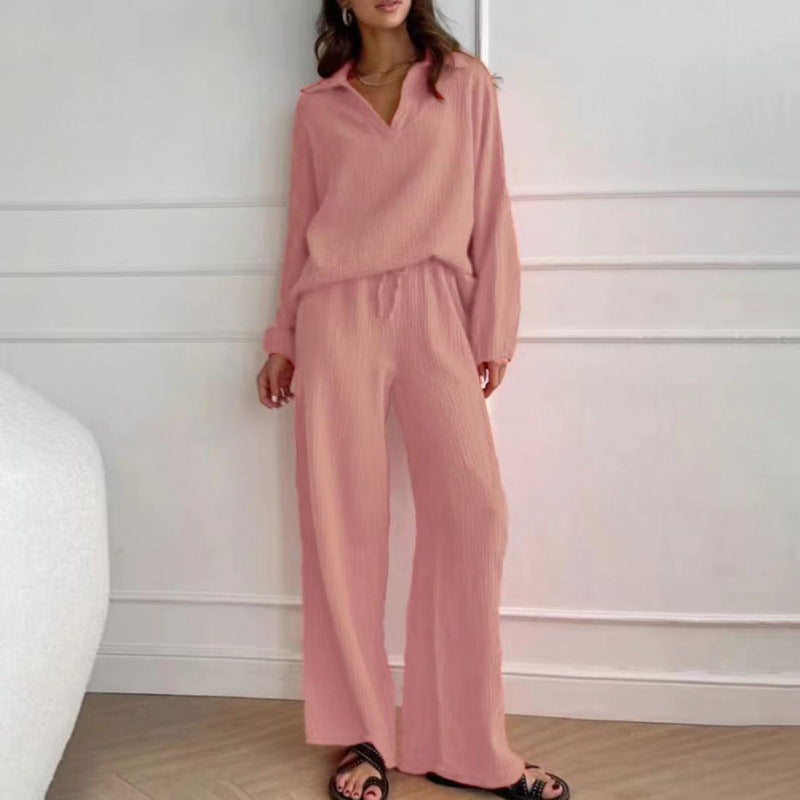 Women's Lightweight Crinkle Lounge Set with V-Neck and Wide High-Waist Pants Mune Fashion