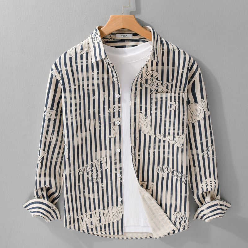 Men's Lightweight Shirt in Striped Lettering Mix with Chest Pocket and Loose Fit Mune Fashion