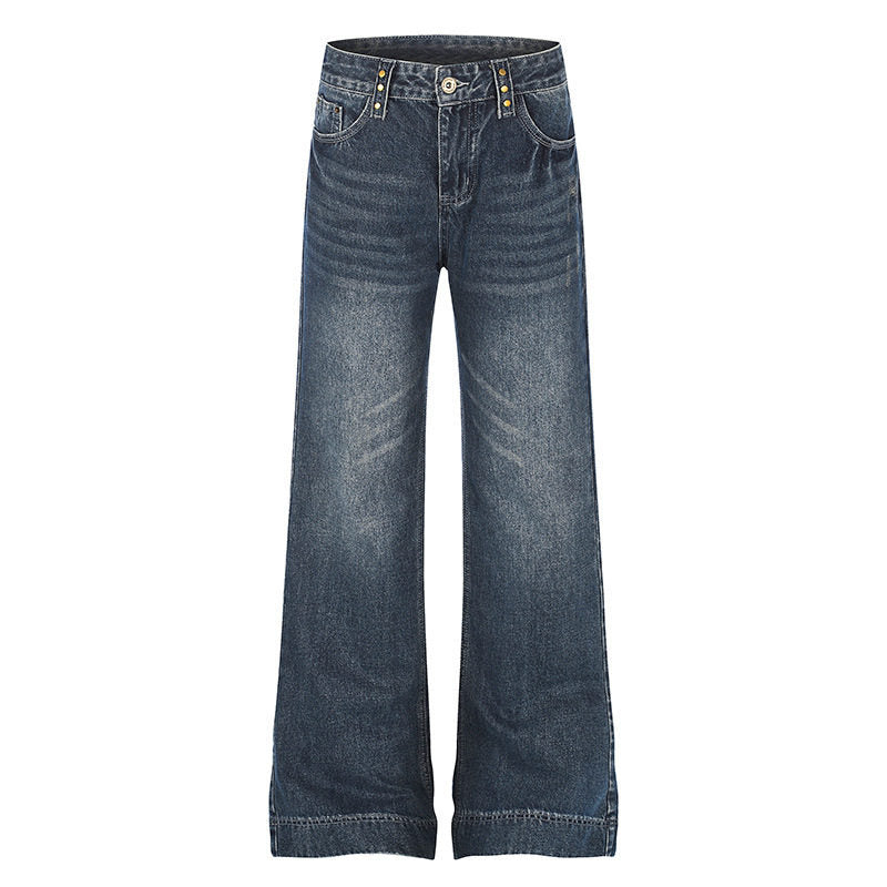 Women's Wide High-Waist Denim Palazzo Jeans with Wide Legs and Vintage Wash Mune Fashion