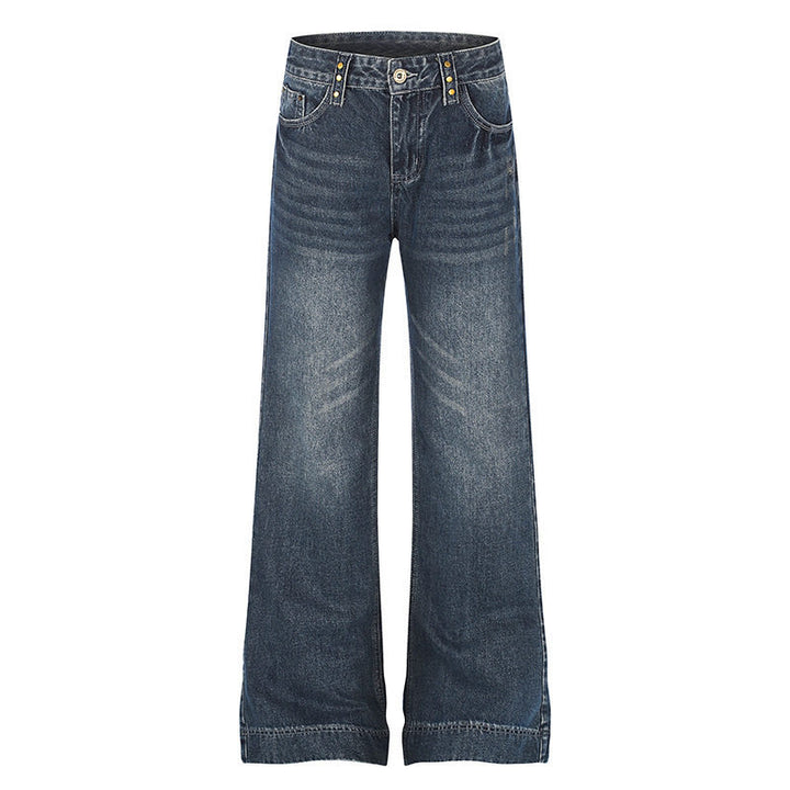 Women's Wide High-Waist Denim Palazzo Jeans with Wide Legs and Vintage Wash Mune Fashion