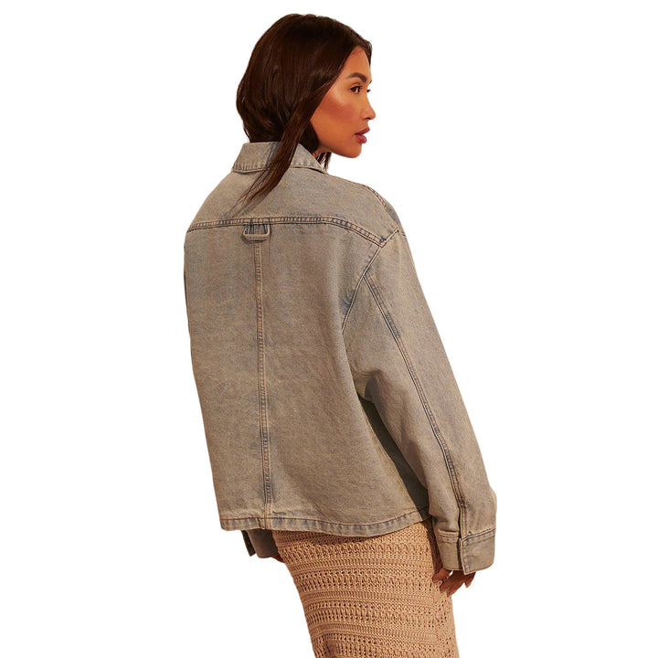 Women Oversize Utility Denim Jacket with Large Flap Pockets and Button-Down Front Mune Fashion