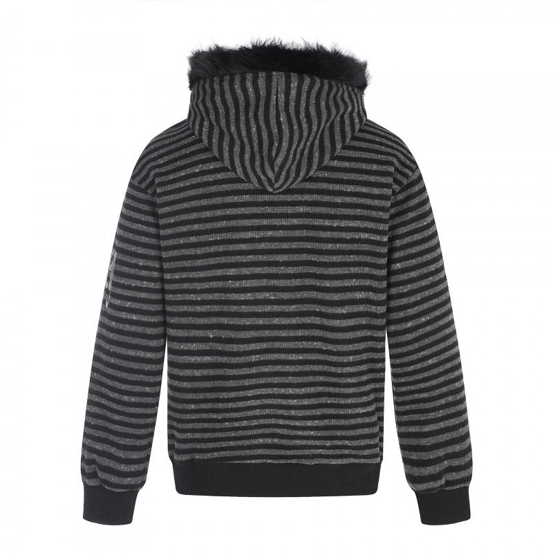 Unisex Striped Hooded Zip Jacket with Faux Fur Hood and Statement Front Print Mune Fashion