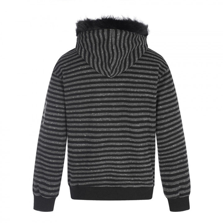 Unisex Striped Hooded Zip Jacket with Faux Fur Hood and Statement Front Print Mune Fashion