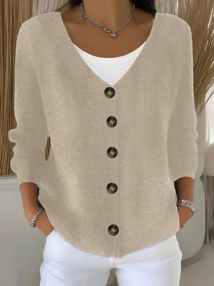 Women Loose V-Neck Fine Knit Cardigan with Wooden Button Placket Mune Fashion