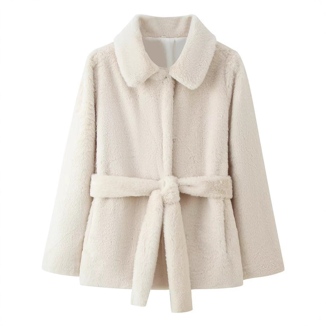 Women's short coat made of cuddly faux fur with shirt collar and tie belt Mune Fashion