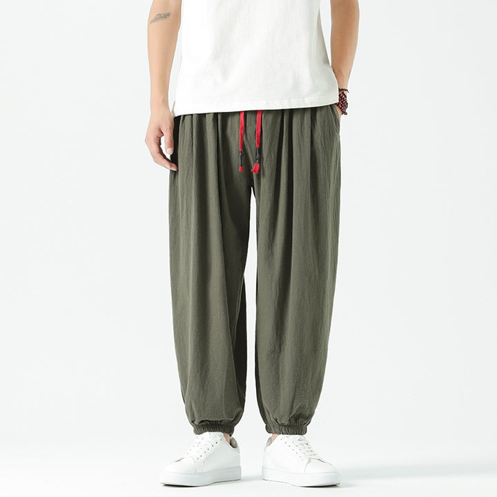 Men's loosely cut linen-cotton pants with drawstring and elastic cuffs Mune Fashion