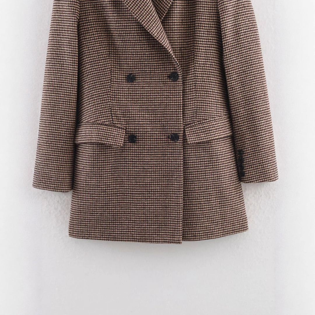 Women's tailored double-breasted blazer coat with houndstooth pattern and flap pockets Mune Fashion