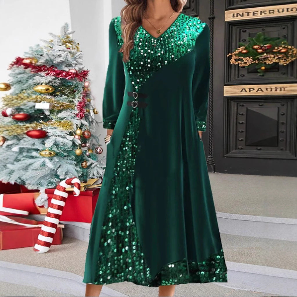 Women's festive sequin panel maxi dress with V-neck long sleeves and decorative waist belts Mune Fashion