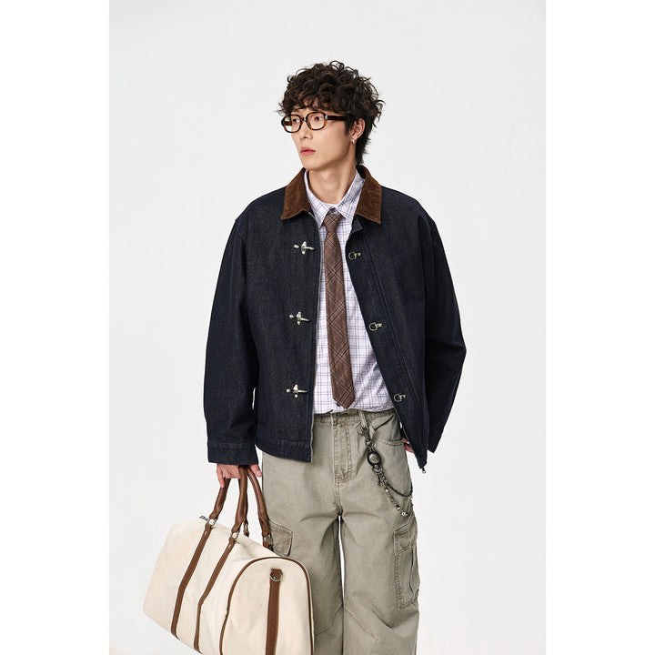Men's sharply tailored denim workwear blouson with corduroy lapel and metallic hook fasteners Mune Fashion