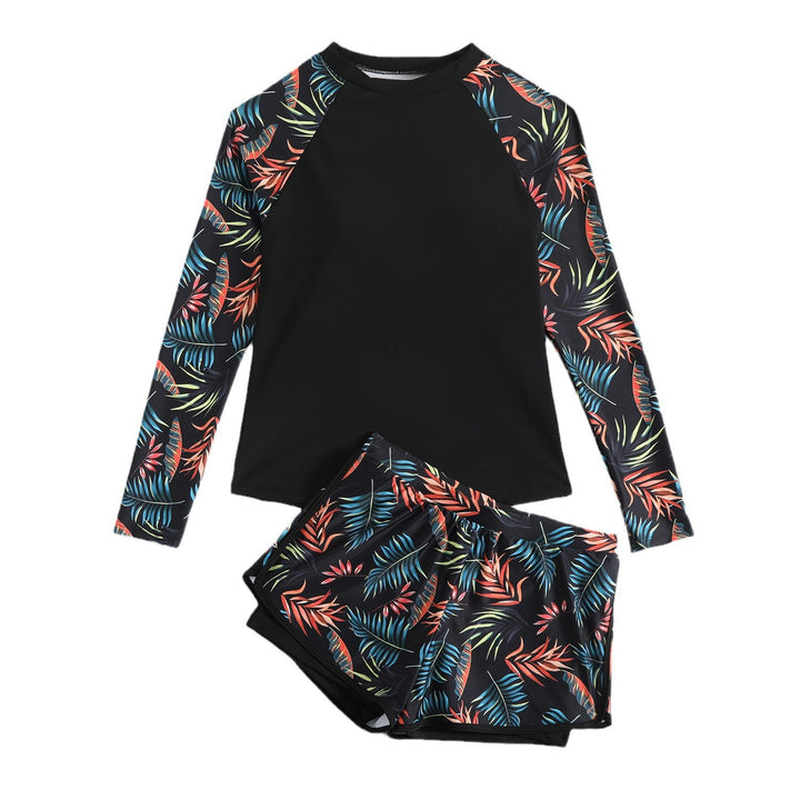 Women's Sporty Long Sleeve Rashguard with Colorful Leaf Design Mune Fashion