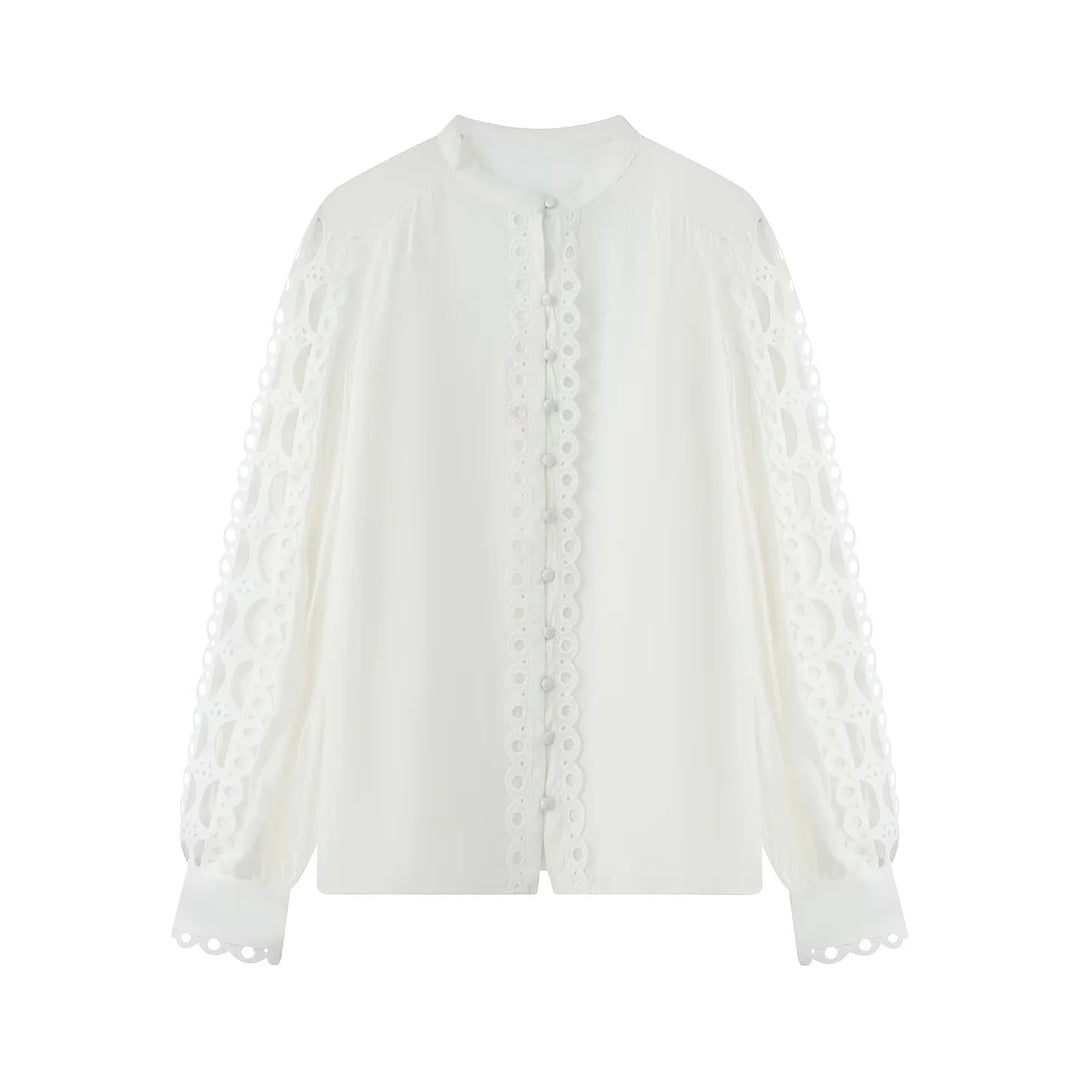 Women nan romantic blouse with lace sleeves, gathered balloon sleeves and decorative button placket Mune Fashion