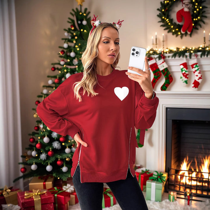 Women's Christmas sweatshirt pullover with heart appliqué and side bows Mune Fashion