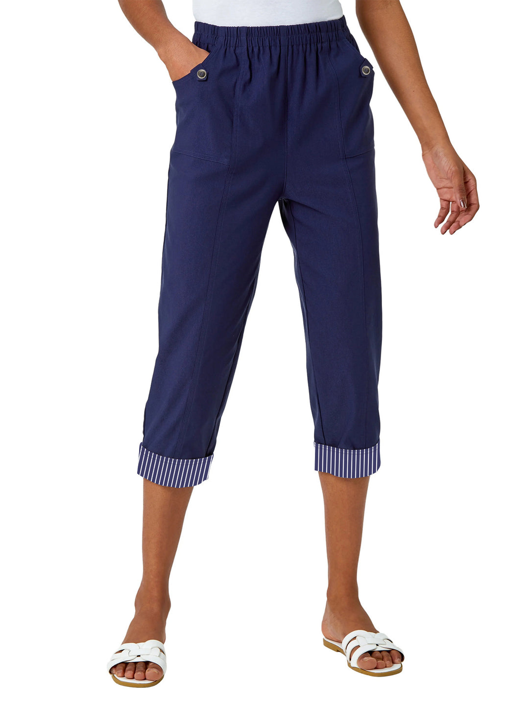 Women's Cropped Capri Pants with Elastic Waistband, Patch Pockets and Contrasted Cuff Mune Fashion