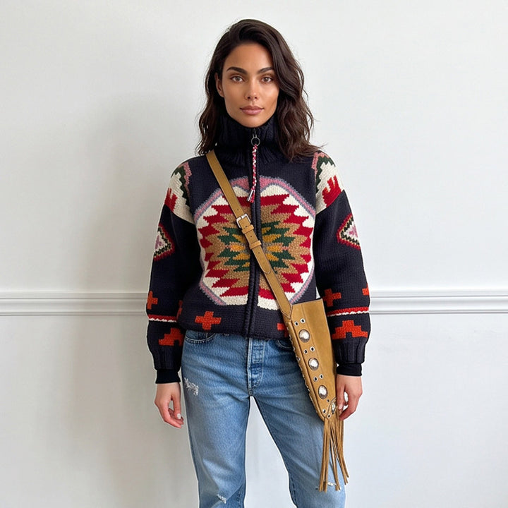 Women's Jacquard Cardigan with Navajo Pattern, Zipper and High Collar Mune Fashion