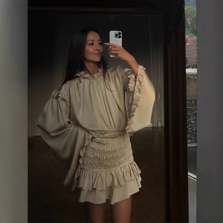 Women Satin Mini Dress with Balloon Sleeves, Ruffles & Ruched Waist Mune Fashion