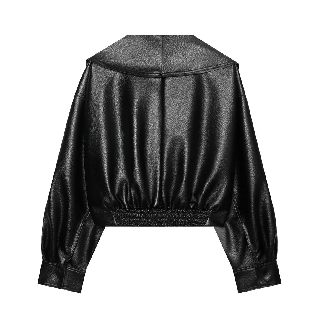 Women’s short jacket in leather look with large shawl collar, wrap belt and textured surface Drune