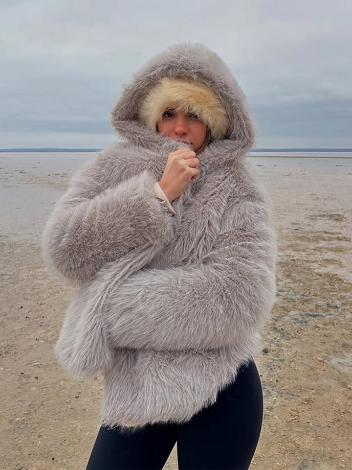 Women's Cozy Short Faux Fur Jacket with Extra Voluminous Hood Mune Fashion