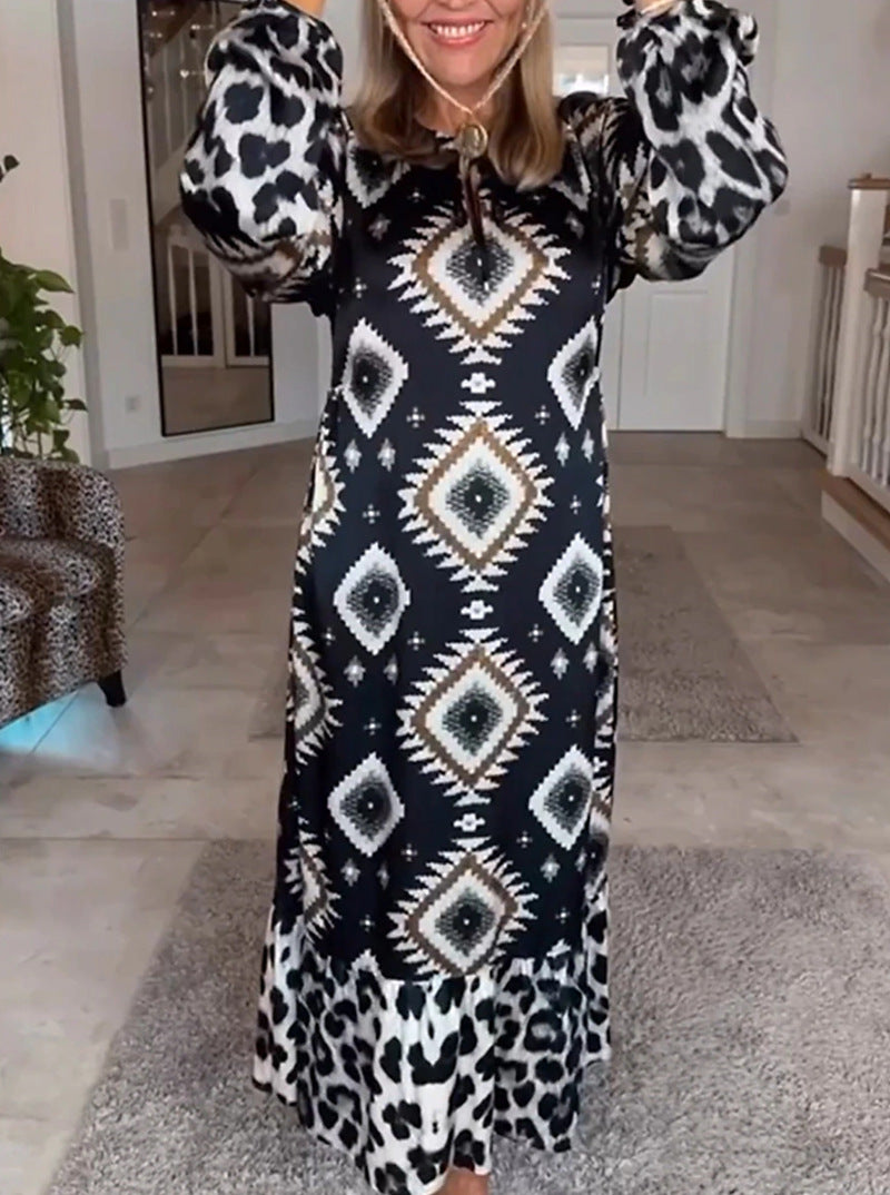 Women's flowing maxi dress with ethnic diamond print, keyhole neckline and contrast ruffle Mune Fashion