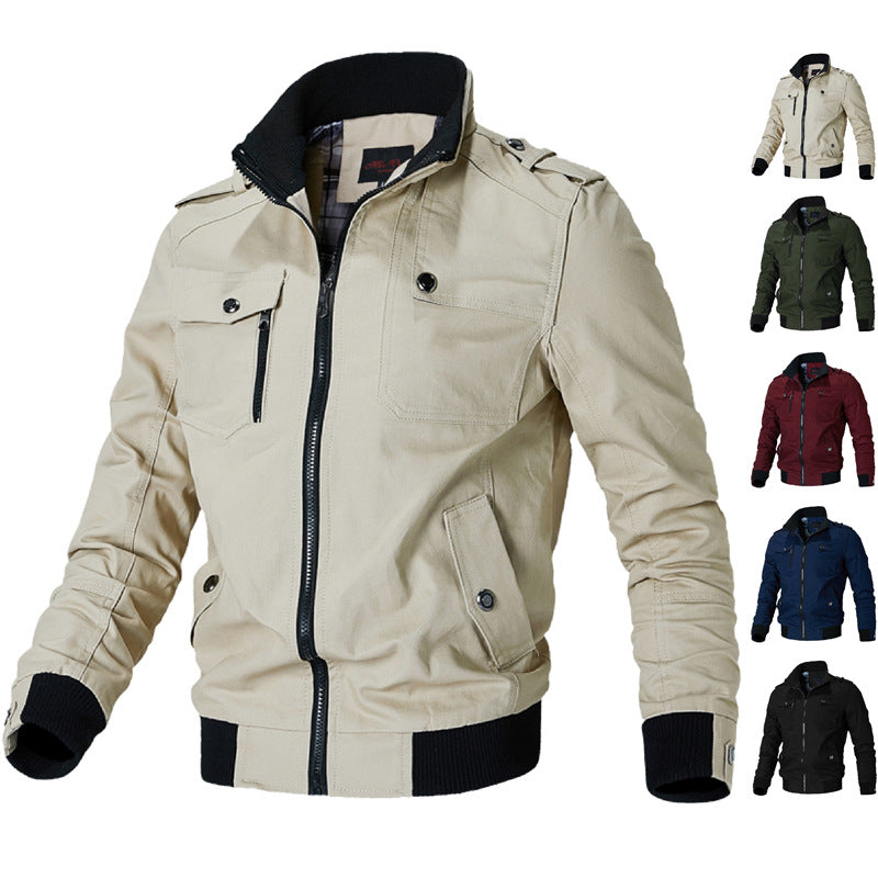 Men's fashionable field bomber jacket made of robust cotton canvas with epaulettes, zipper, and ribbed hem.
