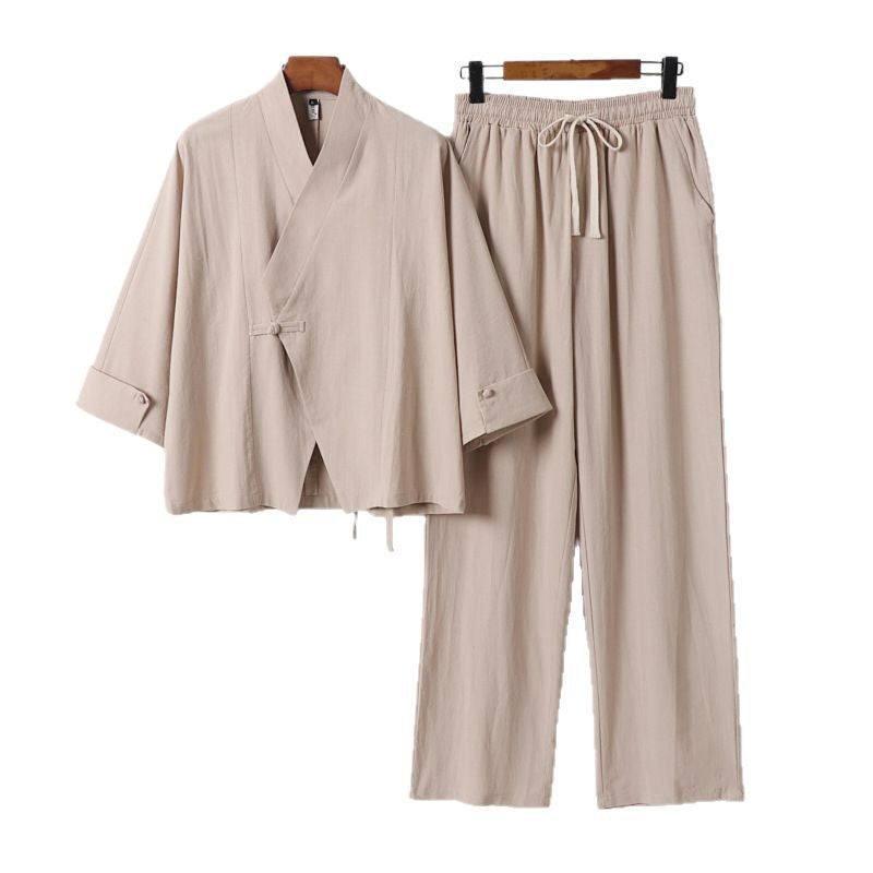 Unisex Lightweight Zen Lounge Set in Kimono Style with Dropped Shoulder Concealed Knot Placket and Elastic Drawstring Pants Mune Fashion