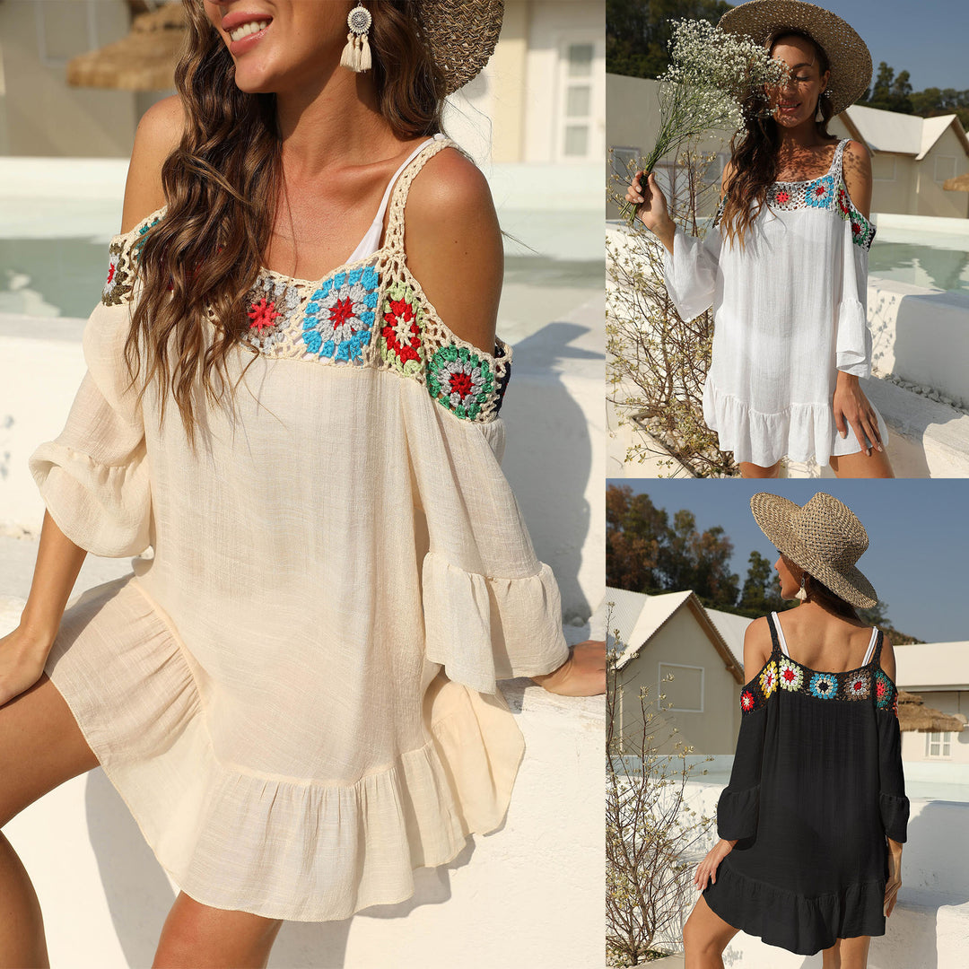 Women airy beach wrap with floral crochet appliques Mune Fashion
